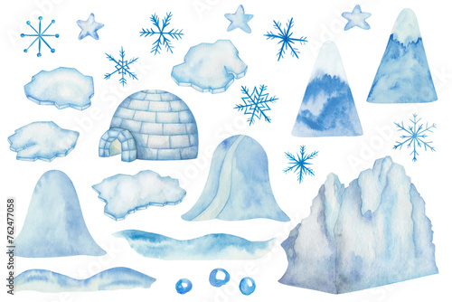 Watercolor set of illustrations. Hand painted igloo house, ice floe, iceberg. Blue, white glacier, mountain, block of ice, icehouse. Floating frozen water, snow. Snowflakes. Winter. Isolated clip art