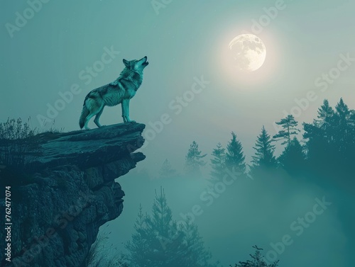 A lone wolf howling under full moon in serene nature © Bionic