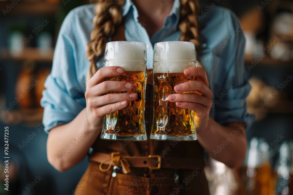 Young woman waitress holding beer glasses, Oktoberfest celebration, with free space , copy space.