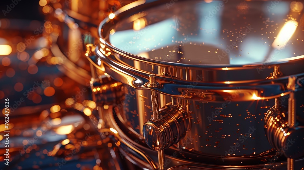 Close-up of Drums with Metallic Sheen Under Stage Lights