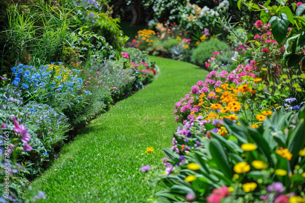 A garden with a brick path and many potted plants A garden with a brick path and many potted plants