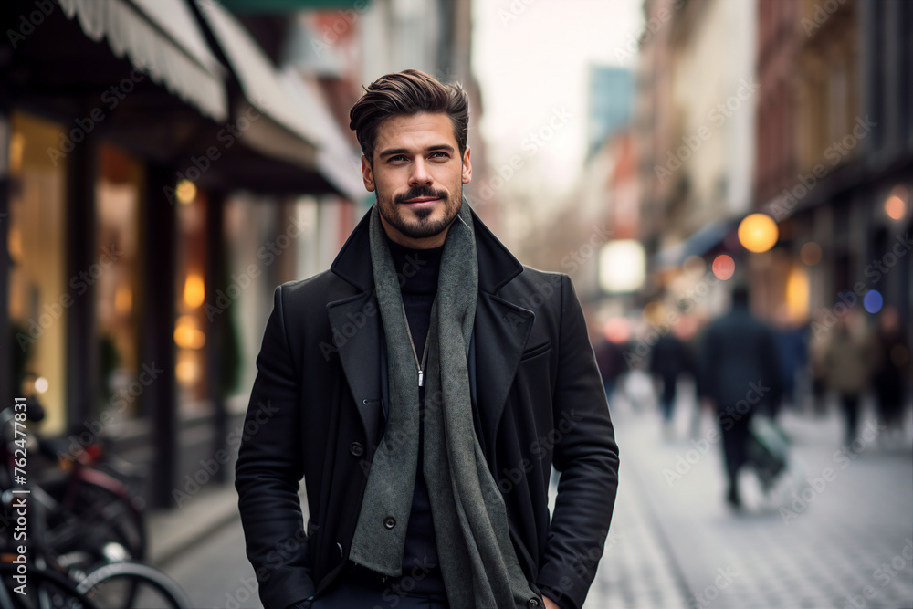 Generative AI image of businessman wearing an elegant stylish clothes walking on city street