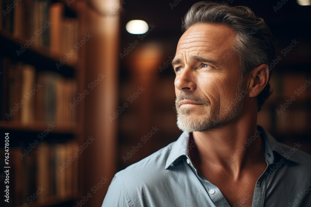 Fototapeta premium Smart creative man among bookshelves in modern university campus library generative AI