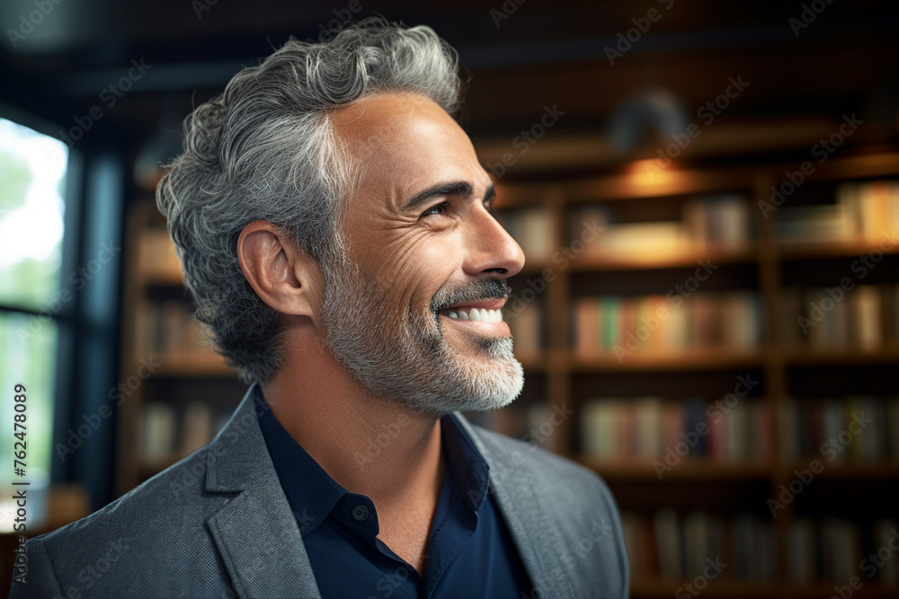 Obraz premium Middle age male librarian or college teacher standing in library in front of book shelves generated by AI
