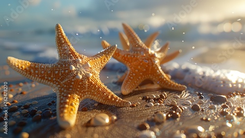 Ocean treasures with starfish and shells on a pebbled beach at sunrise