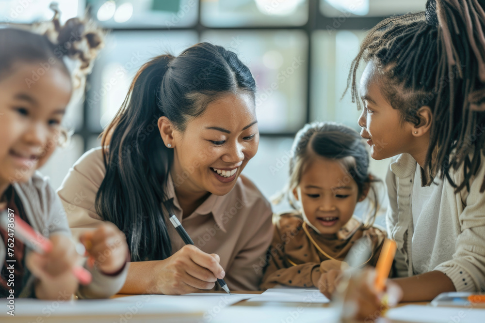 Asian female teacher and little children in classroom writing or drawing on paper Asian female teacher and little children in classroom writing or drawing on paper