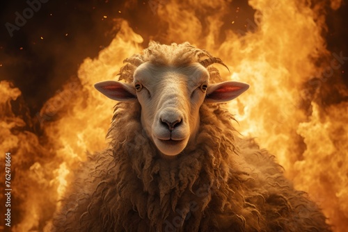 Fiery Nightmare sheep with fire flames. Horrified scary lucifer animal in burning fire. Generate ai © juliars
