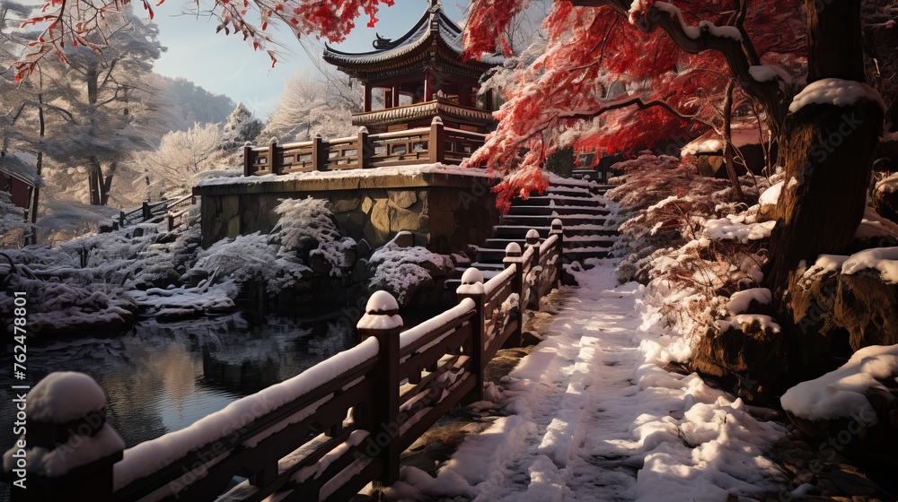 A Japanese temple surrounded by snow-covered cherry blossoms stands at the end of a beautiful bridge covered in snow, creating a winter landscape. Concept: temples of Japan, cherry blossoms, winter - obrazy, fototapety, plakaty 