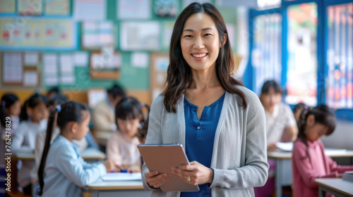 Asian female teacher standing in front and holding a tablet, with students working at desks behind her