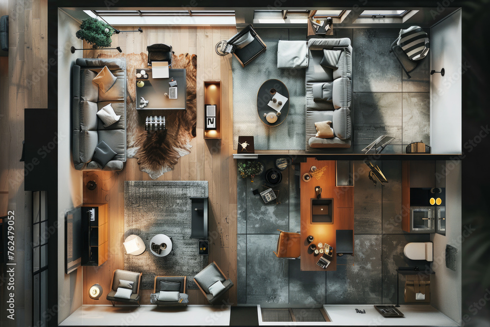 Top-down perspective of a 3D representation depicting a studio living space. Top-down perspective of a 3D representation depicting a studio living space.