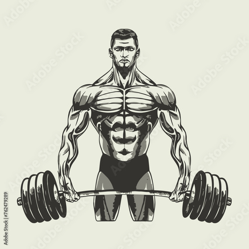 red white black modern style minimalist lines of a strong muscle pose strong body builder anatomy man at gym with bundle Doing exercises in all body positions using different gym equipment