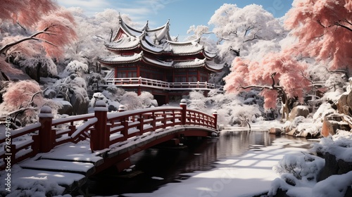 A Japanese temple surrounded by snow-covered cherry blossoms stands at the end of a beautiful bridge covered in snow, creating a winter landscape. Concept: temples of Japan, cherry blossoms, winter Ja