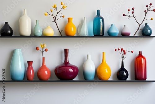Vibrant Shelf colorful vases. Decor interior. Generate Ai
