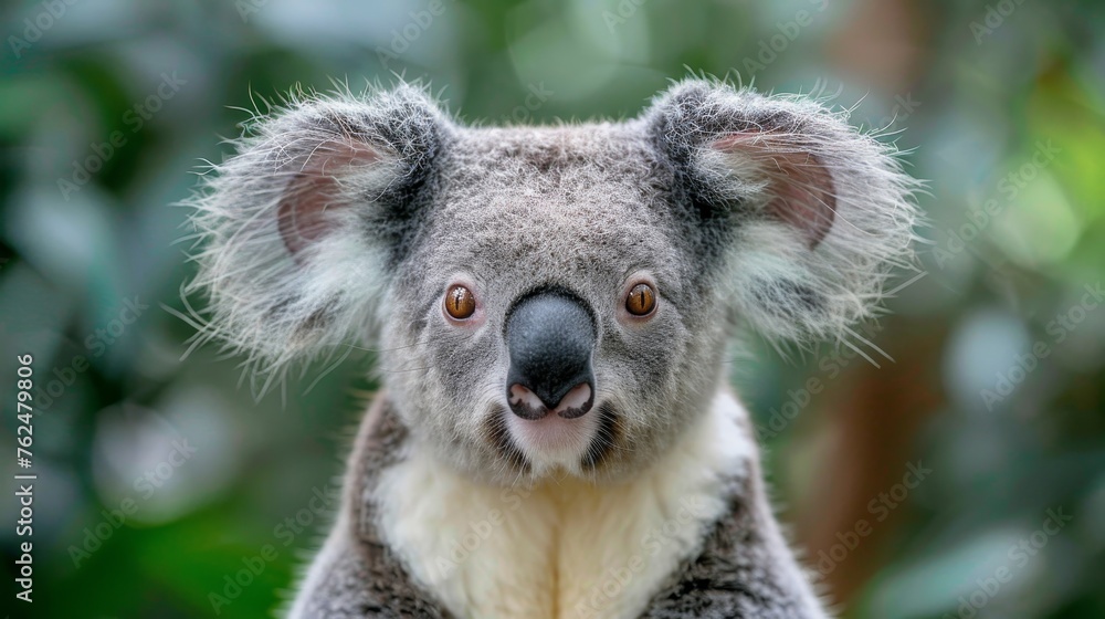 Fototapeta premium A striking koala looks directly at the camera, its piercing gaze complemented by distinctive fluffy ears and a leafy backdrop.