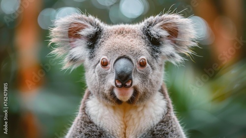 Vivid, engaging eyes draw you into this close-up shot of a koala, surrounded by the greenery of its natural habitat.
