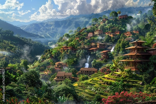 Idyllic Traditional Village Embraced by Lush Valley on Earth Day © Bionic