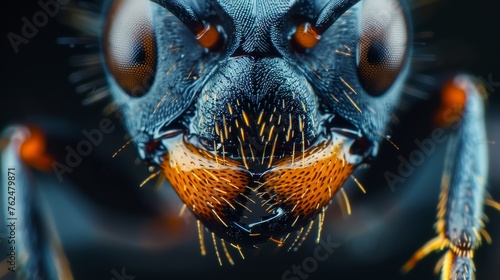 A highly detailed macro shot of an ant  showcasing its complex eyes  mandibles  and the intricate textures of its exoskeleton.