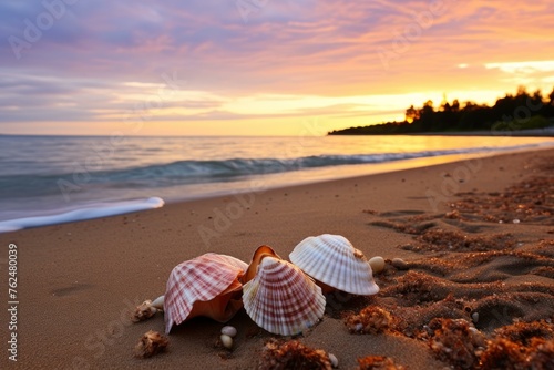 Delicate Shell on sea sunny beach. Nature summer. Generate Ai