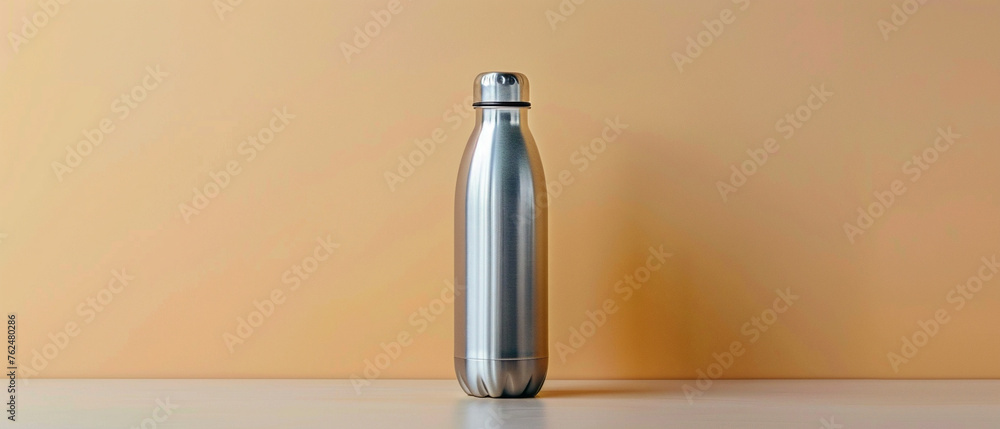 Modern stainless steel water bottle with a sleek design against a neutral background. Modern stainless steel water bottle with a sleek design against a neutral background.
