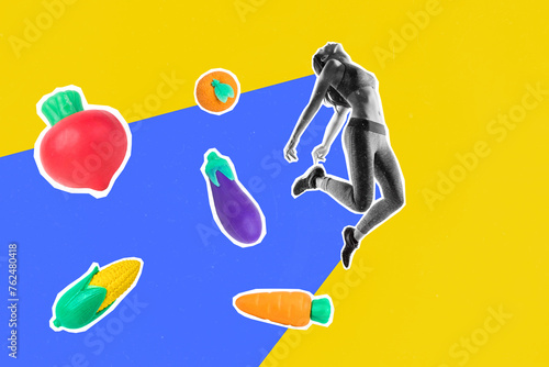 Collage conceptual illustration importance eating healthy food fresh organic vegetables for sportive figure isolated on yellow background