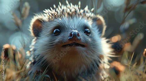 Close-up of a curious hedgehog gazing upward, surrounded by warm light and soft shadows in the grass. © Sodapeaw