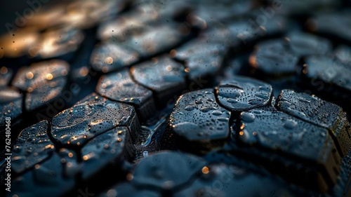 Close-up view of wet tire tread marks creating a dark and moody atmosphere