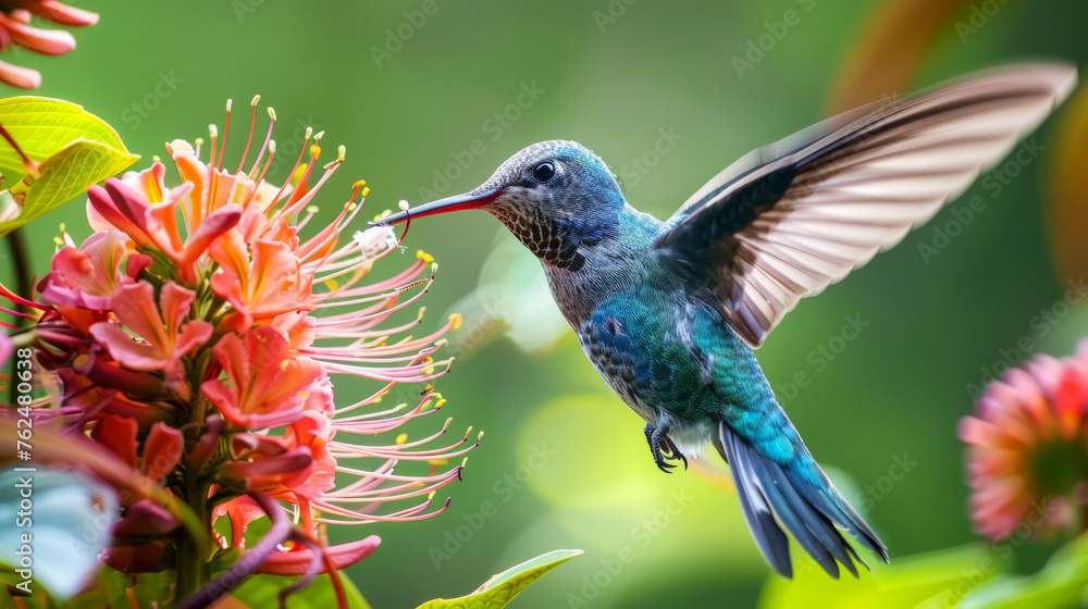 Fototapeta premium A close-up of a hummingbird with a long beak feeding from vibrant pink and white flowers