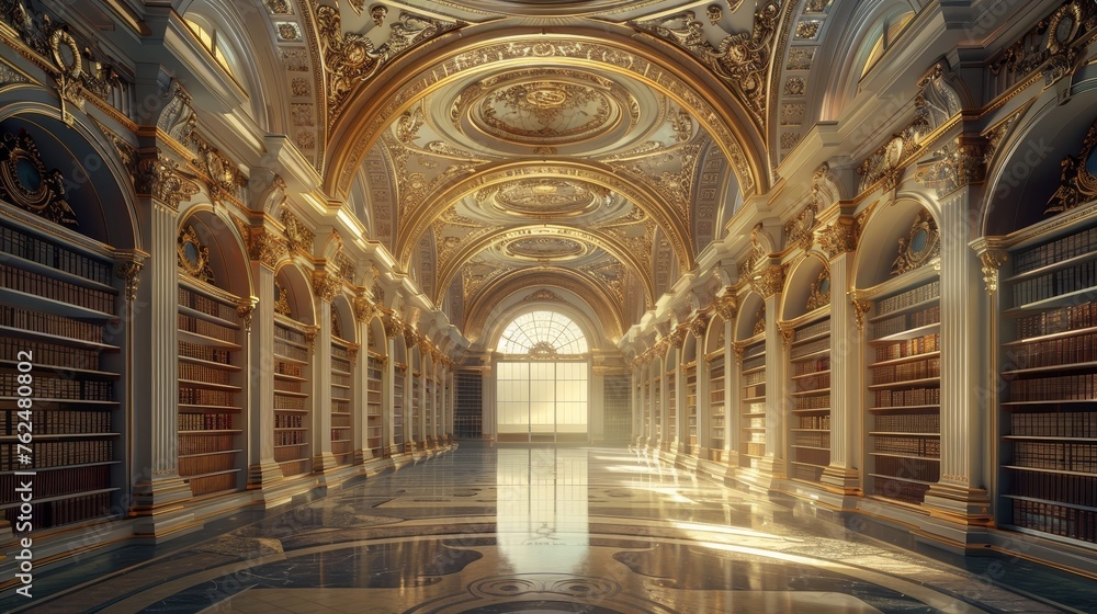 The majestic interior of a grand library, bathed in natural light, showcasing intricate Baroque architecture with ornate details and rows of classic books.