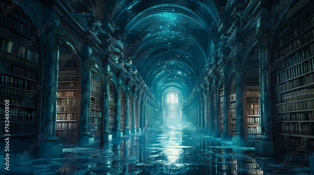 An ethereal view of an ancient library hall, with sunlight streaming through stained glass, creating a mystical and serene atmosphere. An ethereal view of an ancient library hall, with sunlight streaming through stained glass, creating a mystical and serene atmosphere.