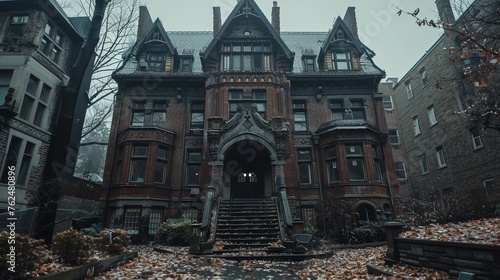 An imposing Victorian Gothic mansion looms on a misty day, its intricate facade surrounded by autumn leaves and the bare branches of trees.