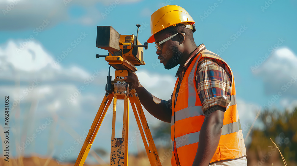 A male land surveyor at work with a robot theodolite on a tripod. Agricultural expert - obrazy, fototapety, plakaty 