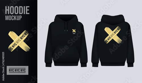 Men black hoody design concept. Realistic jumper mockup. Long sleeve hoody template clothing.