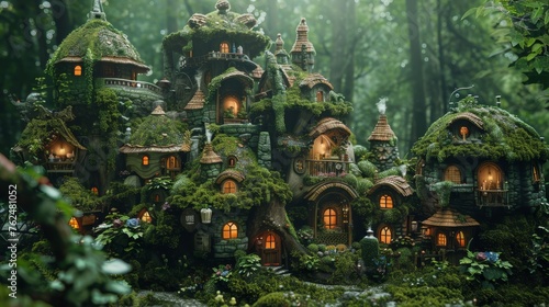 Nestled within an enchanted forest  this whimsical hamlet boasts intricate treehouses adorned with lights  connected by wooden bridges amidst lush greenery.