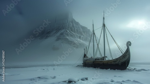 An eerie, abandoned Viking ship stands frozen in time, surrounded by the desolate beauty of a snowy, arctic landscape shrouded in mist.