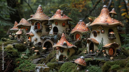 A storybook mushroom village, complete with glowing windows and whimsical details, emerges among the rich tapestry of a dense, green forest.