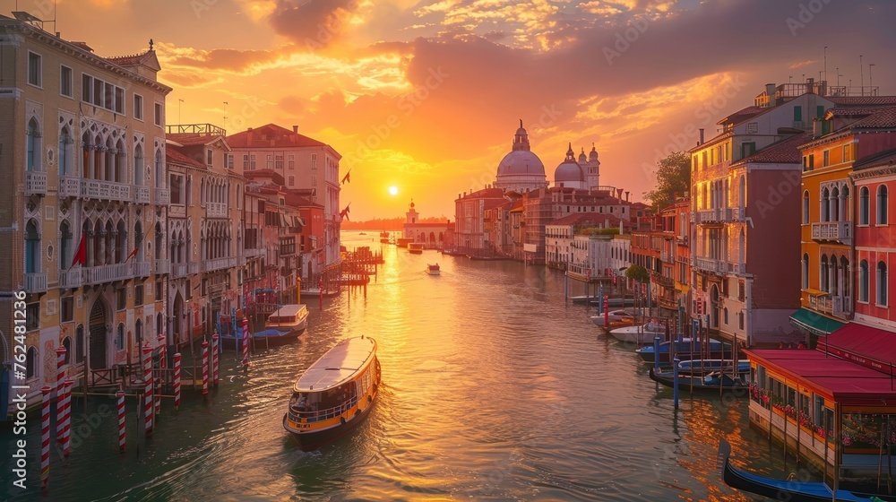 The Grand Canal in Venice basks in the glow of sunset, with historic architecture and boats adding to the city's charm.