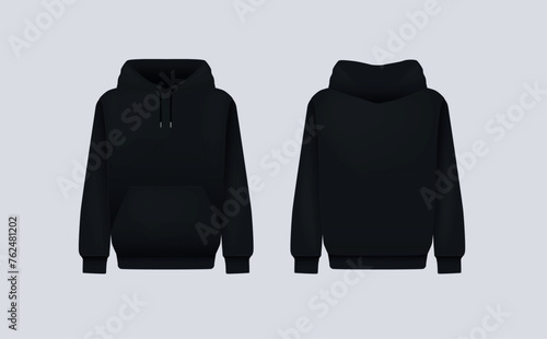 Men black hoody. Realistic jumper mockup. Long sleeve hoody template clothing.