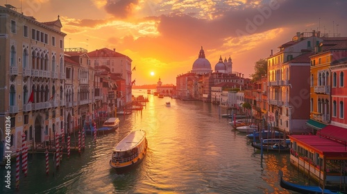 The Grand Canal in Venice basks in the glow of sunset, with historic architecture and boats adding to the city's charm. photo