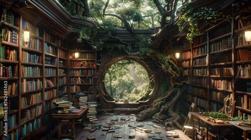 A magical, secluded library with rich wooden bookshelves, an enchanting circular window, and a view into a lush forest.