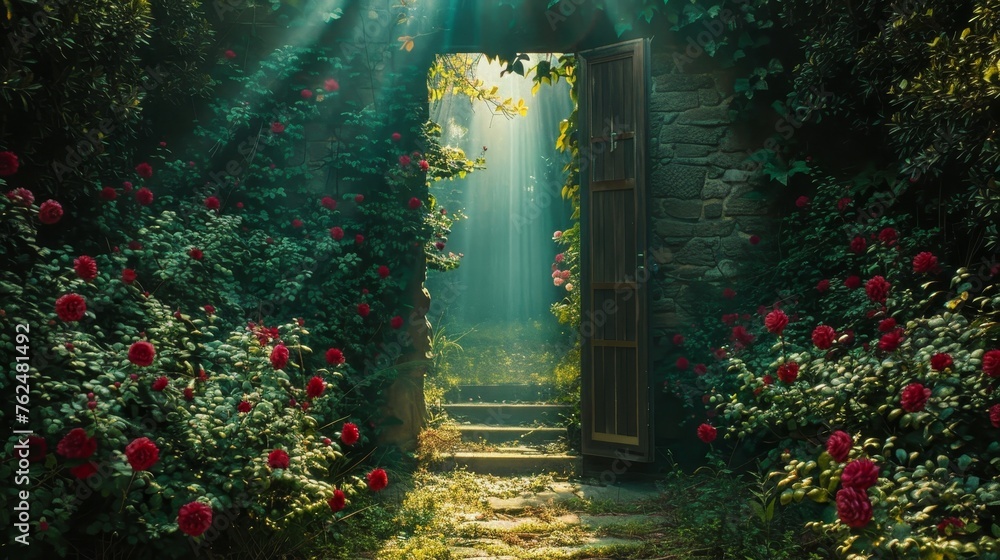 An open door reveals a secret garden bathed in sunlight, with lush rose bushes and a serene, mysterious atmosphere. - obrazy, fototapety, plakaty 