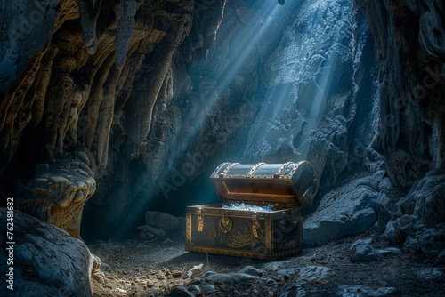 Sunbeam spotlighting an open treasure chest in a secret cave, jewels glinting inside photo