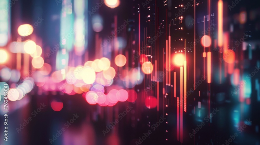 Abstract bokeh lights with forex graphs overlay, hinting at the bustling nightlife of a financial district