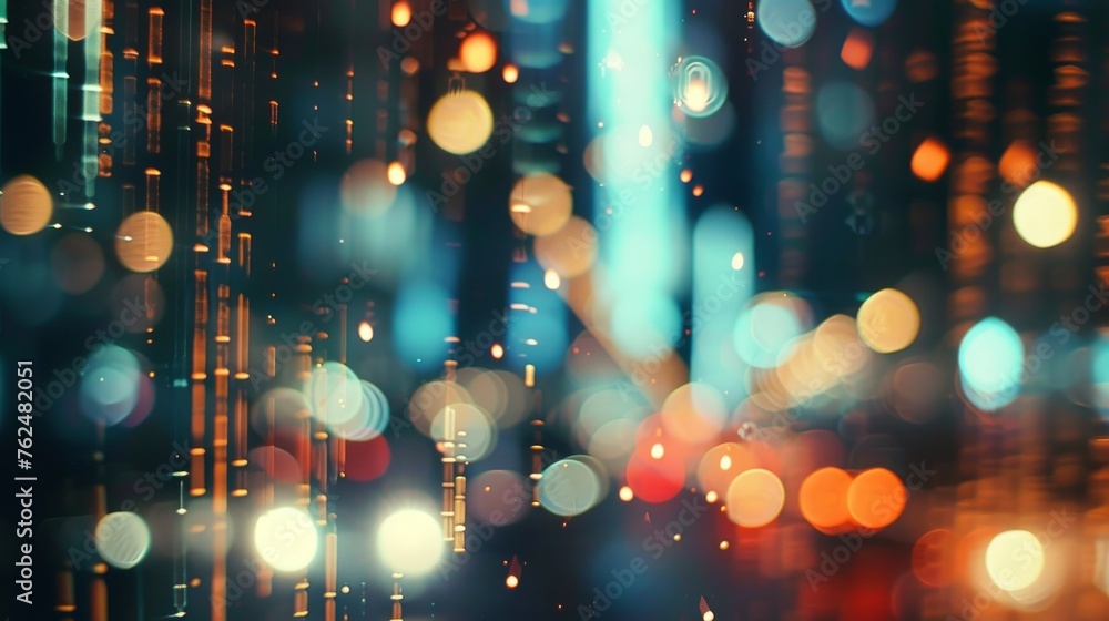 Abstract bokeh lights with forex graphs overlay, hinting at the bustling nightlife of a financial district - obrazy, fototapety, plakaty 
