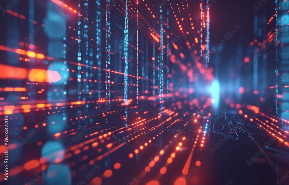Burst of data particles in a digital corridor, visualizing the rapid exchange of binary information Burst of data particles in a digital corridor, visualizing the rapid exchange of binary information