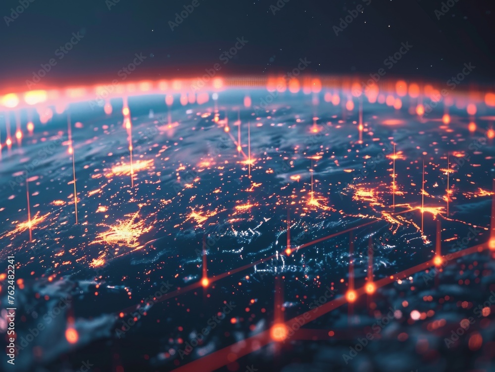 Curved horizon of a digital earth, networks aglow, showcasing global connectivity