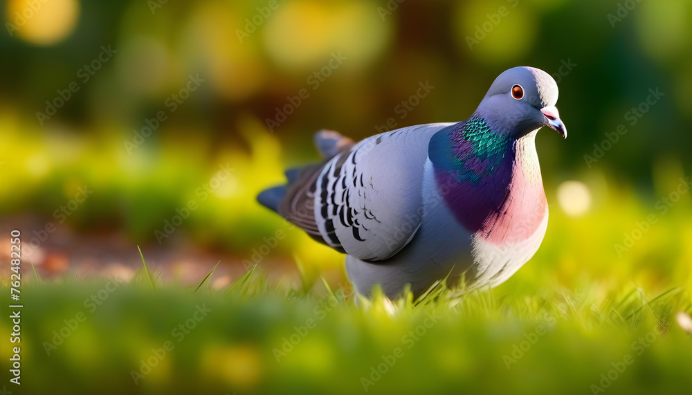 A close-up of a pigeon standing on grass with a blurred forest in the sun light A close-up of a pigeon standing on grass with a blurred forest in the sun light