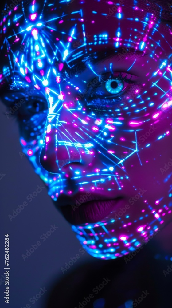Ethereal beauty meets tech with a face adorned in glowing geometric patterns