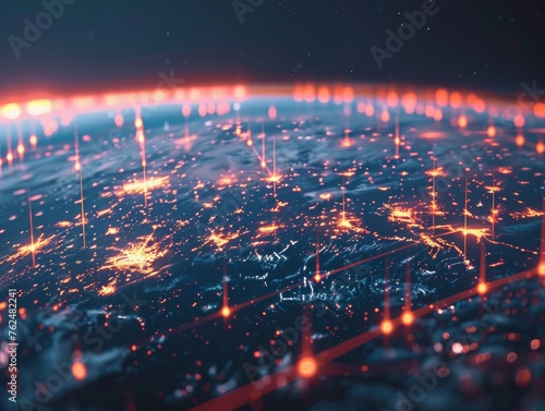 Curved horizon of a digital earth, networks aglow, showcasing global connectivity