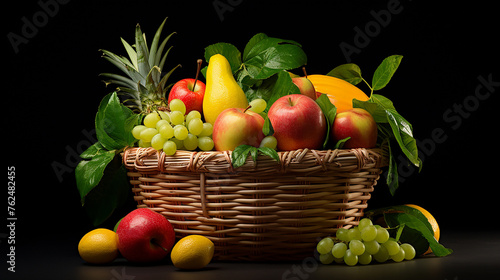 Fototapeta Naklejka Na Ścianę i Meble -  Basket full of fresh fruits on black background, advertising stock photo