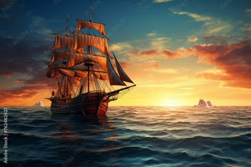 Tranquil Ship sail boat sea. Water trip. Generate Ai Tranquil Ship sail boat sea. Water trip. Generate Ai